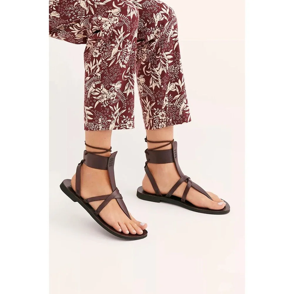 FREE PEOPLE Vacation Day Wrap Gladiator Leather Sandals Black Sz 7.5 / 38